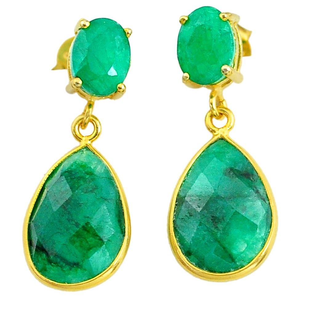 Handmade 14.01cts natural green emerald 14k gold dangle earrings t16380