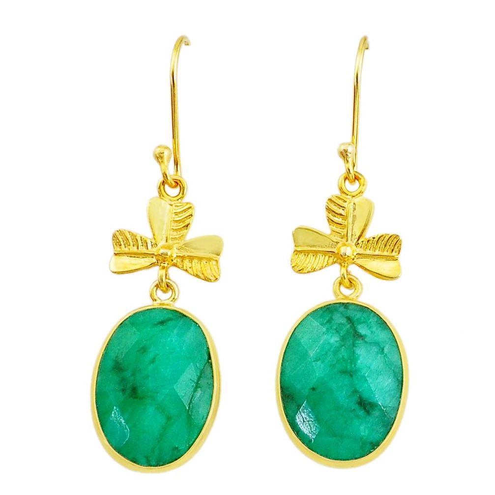 Handmade 18.00cts natural green emerald 14k gold dangle earrings t16438