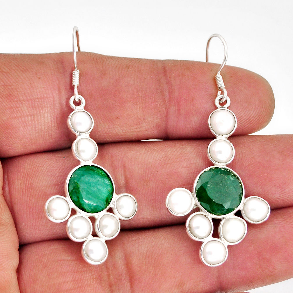 925 sterling silver 15.26cts natural green emerald pearl dangle earrings y74738