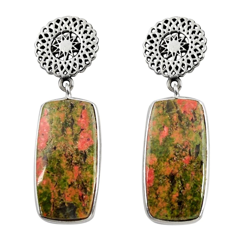 925 sterling silver 23.72cts natural green unakite dangle earrings d39657