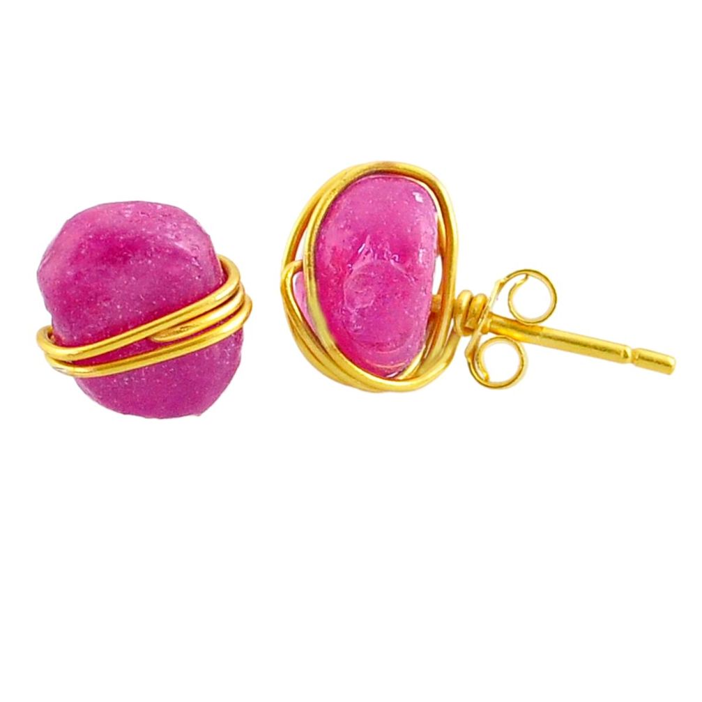 Fancy rough 8.79cts natural pink ruby raw 14k gold handmade stud earrings r79773