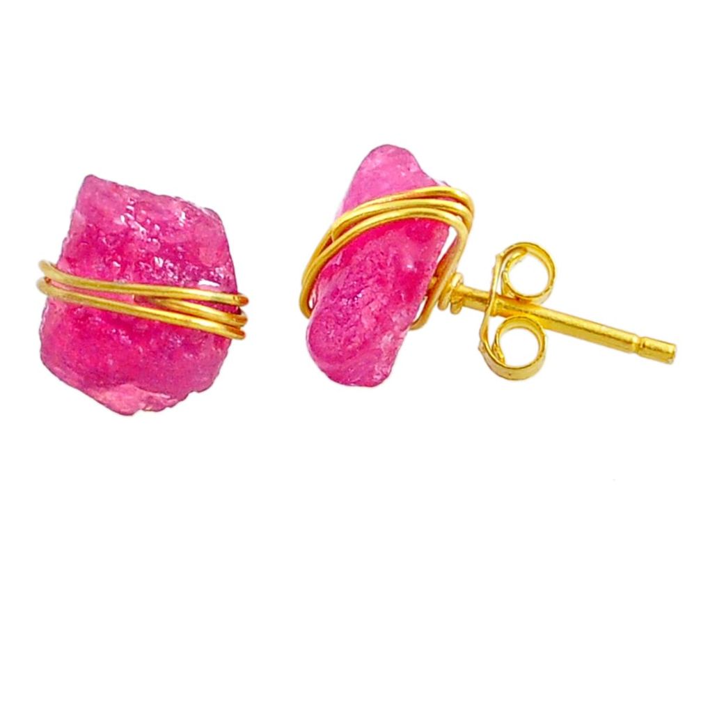 Fancy rough 7.19cts natural pink ruby raw 14k gold handmade stud earrings r79777