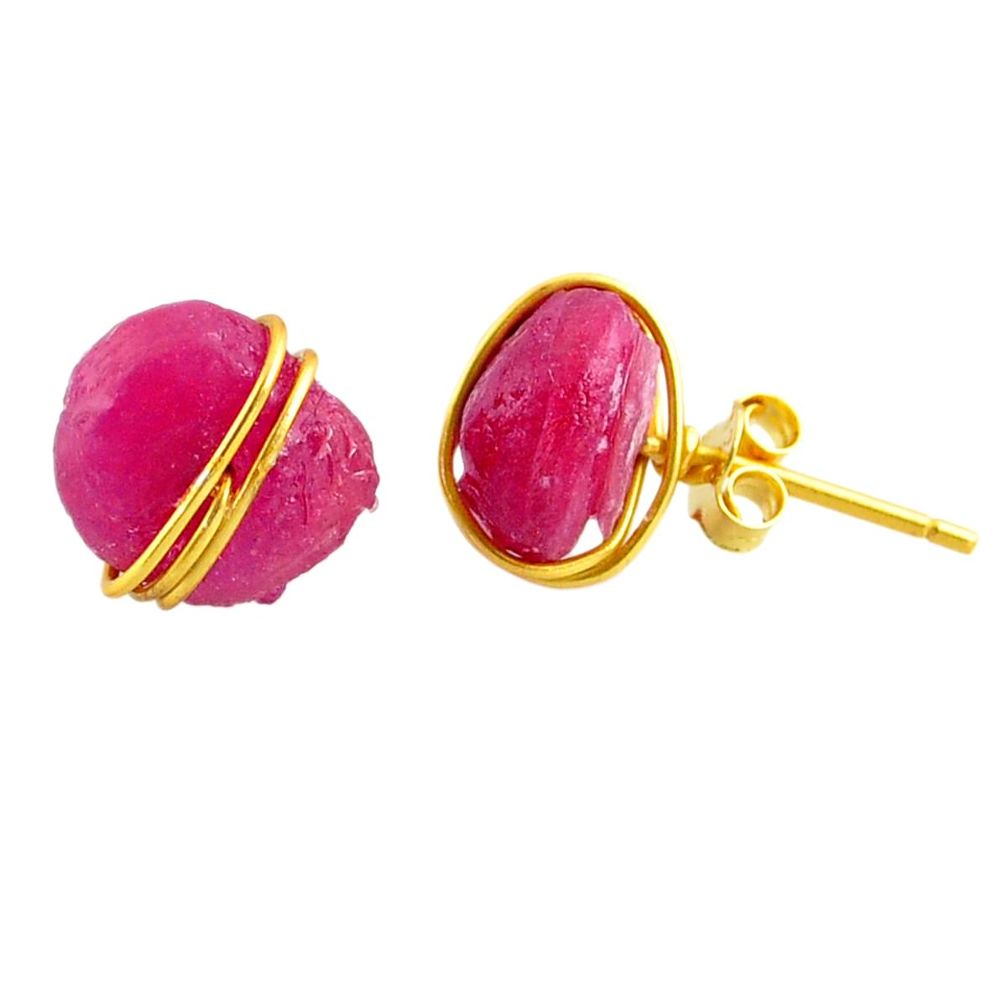 10.70cts rough natural pink ruby raw 14k gold handmade stud earrings r79780