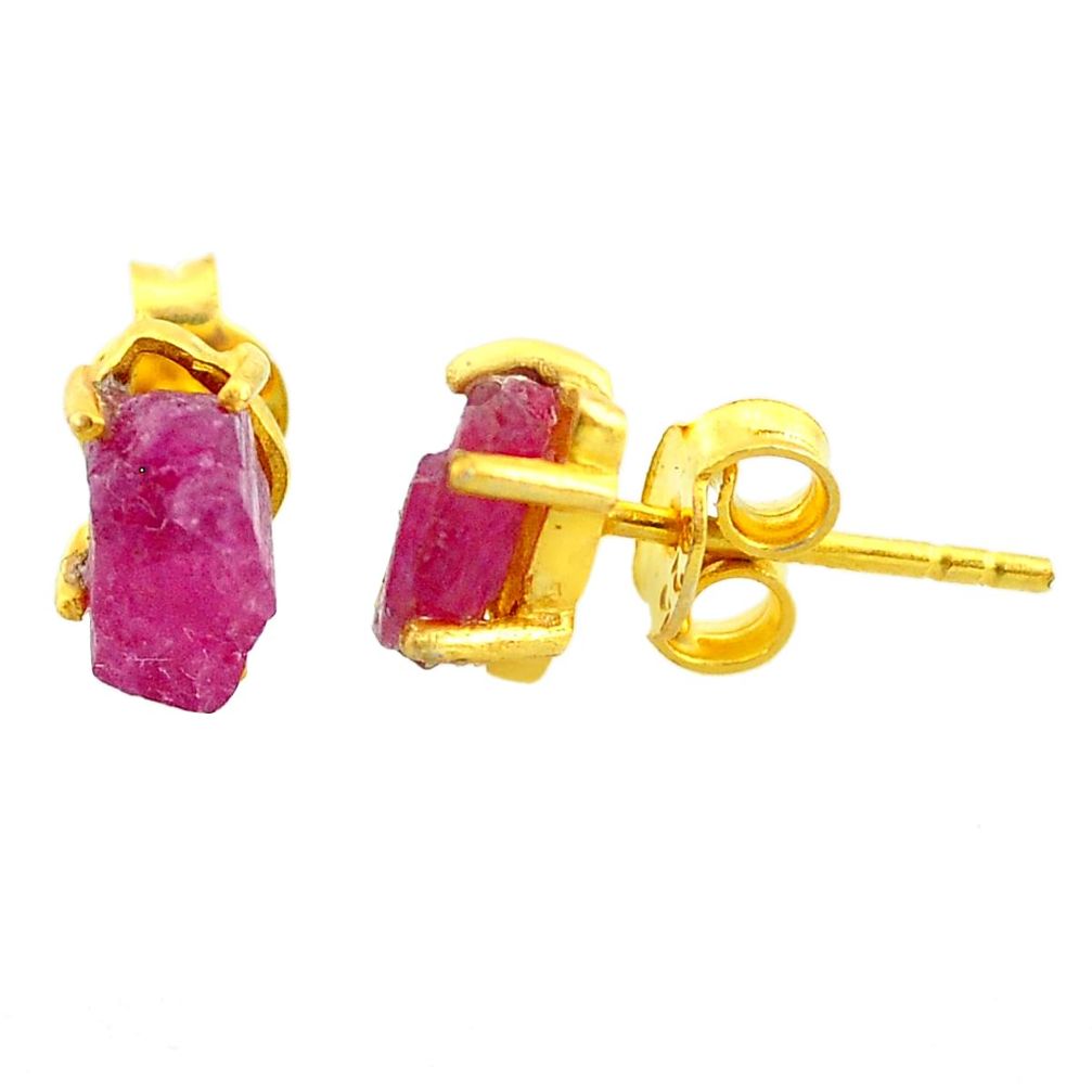 4.39cts natural pink ruby raw 14k gold handmade stud earrings t7471
