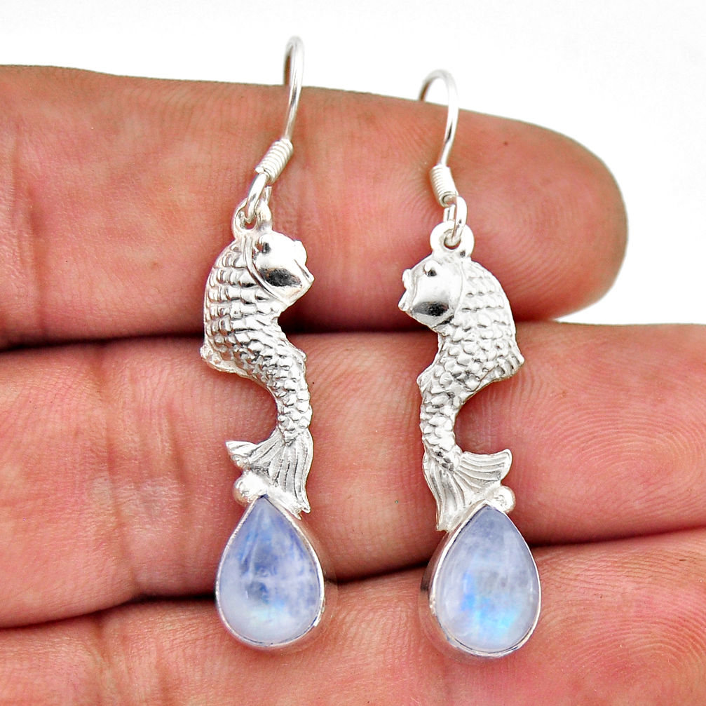925 sterling silver 5.03cts natural rainbow moonstone pear fish earrings n51119