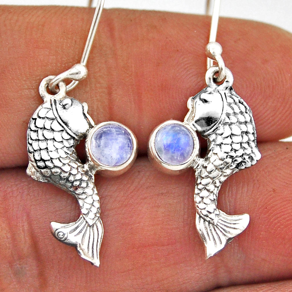 925 sterling silver 1.01cts natural rainbow moonstone round fish earrings n38008