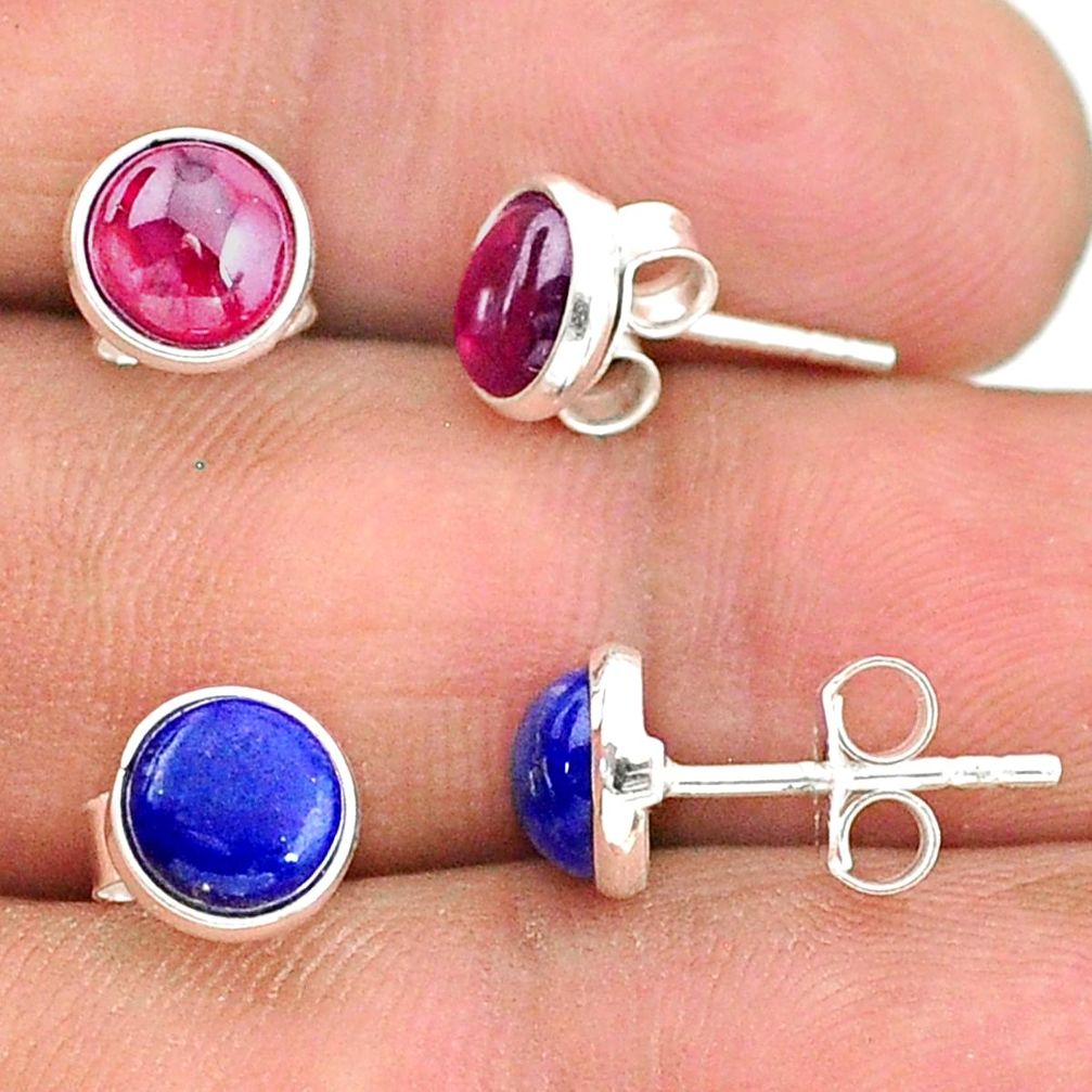 925 sterling silver 4.09cts natural red garnet lapis lazuli stud earrings t23930