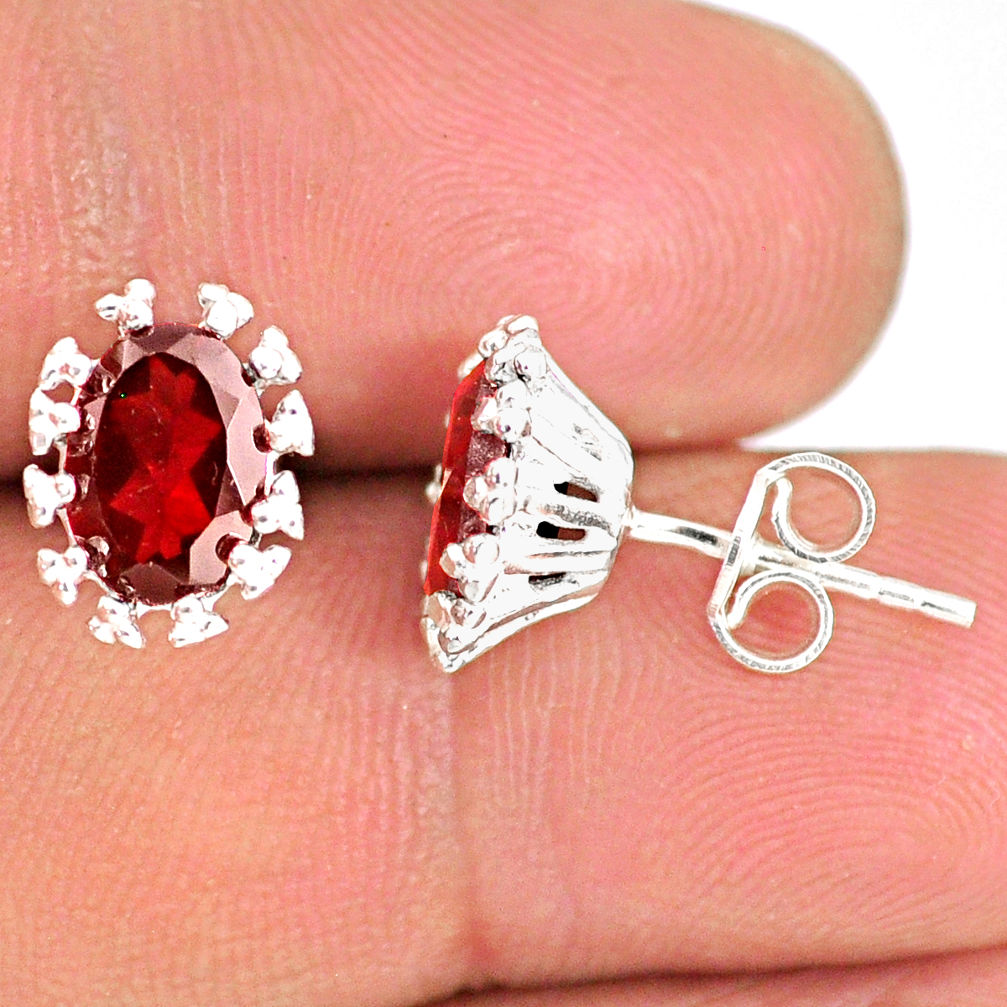 925 sterling silver 4.19cts natural red garnet handmade stud earrings r82873