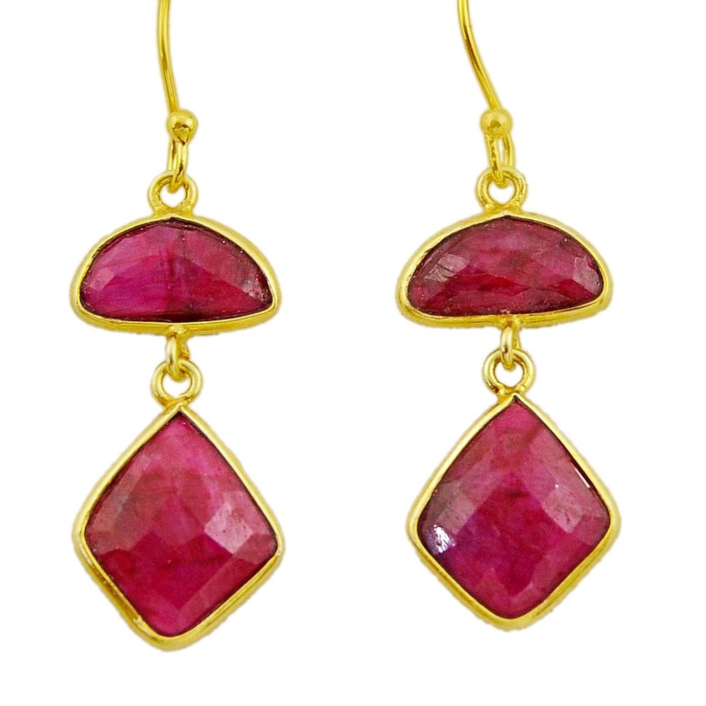 925 sterling silver 14.56cts natural red ruby 14k gold dangle earrings r32591