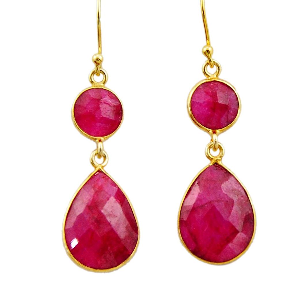 925 sterling silver 17.96cts natural red ruby 14k gold dangle earrings r32688