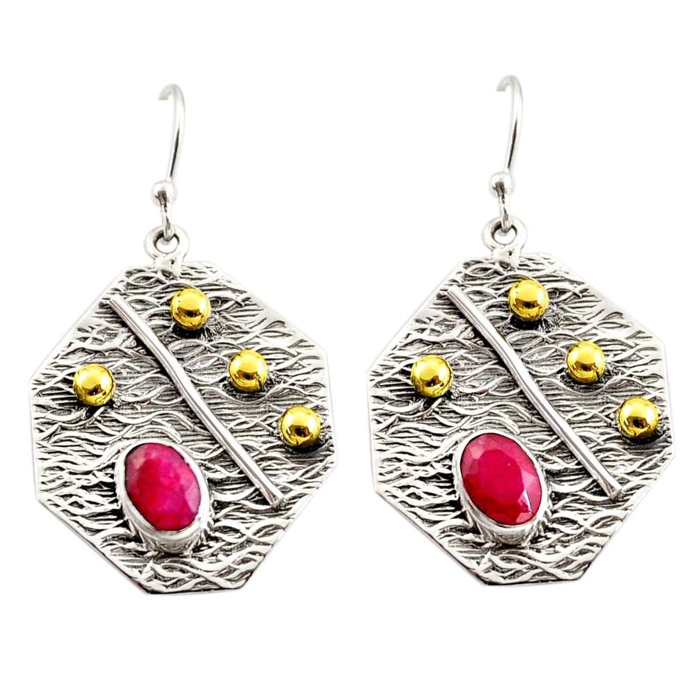 925 sterling silver 3.51cts natural red ruby 14k gold dangle earrings r37232