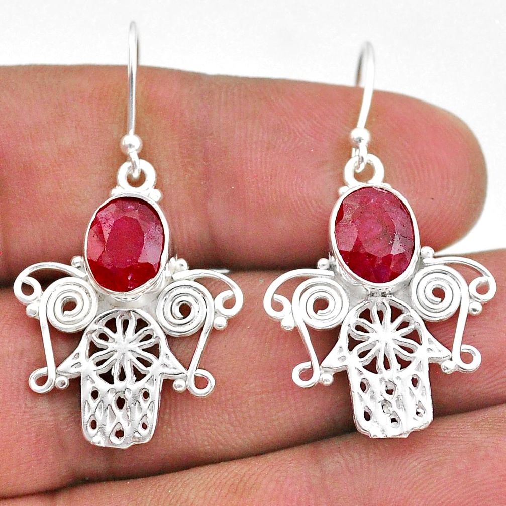 925 sterling silver 5.84cts natural red ruby hand of god hamsa earrings t47007