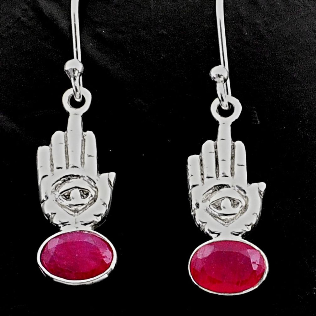 925 sterling silver 3.26cts natural red ruby hand of god hamsa earrings t62794