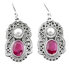 925 sterling silver 5.09cts natural red ruby pearl dangle earrings t69664