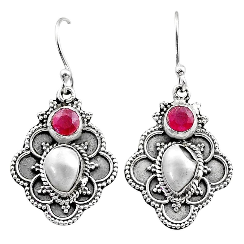 925 sterling silver 5.16cts natural red ruby pearl dangle earrings t73853