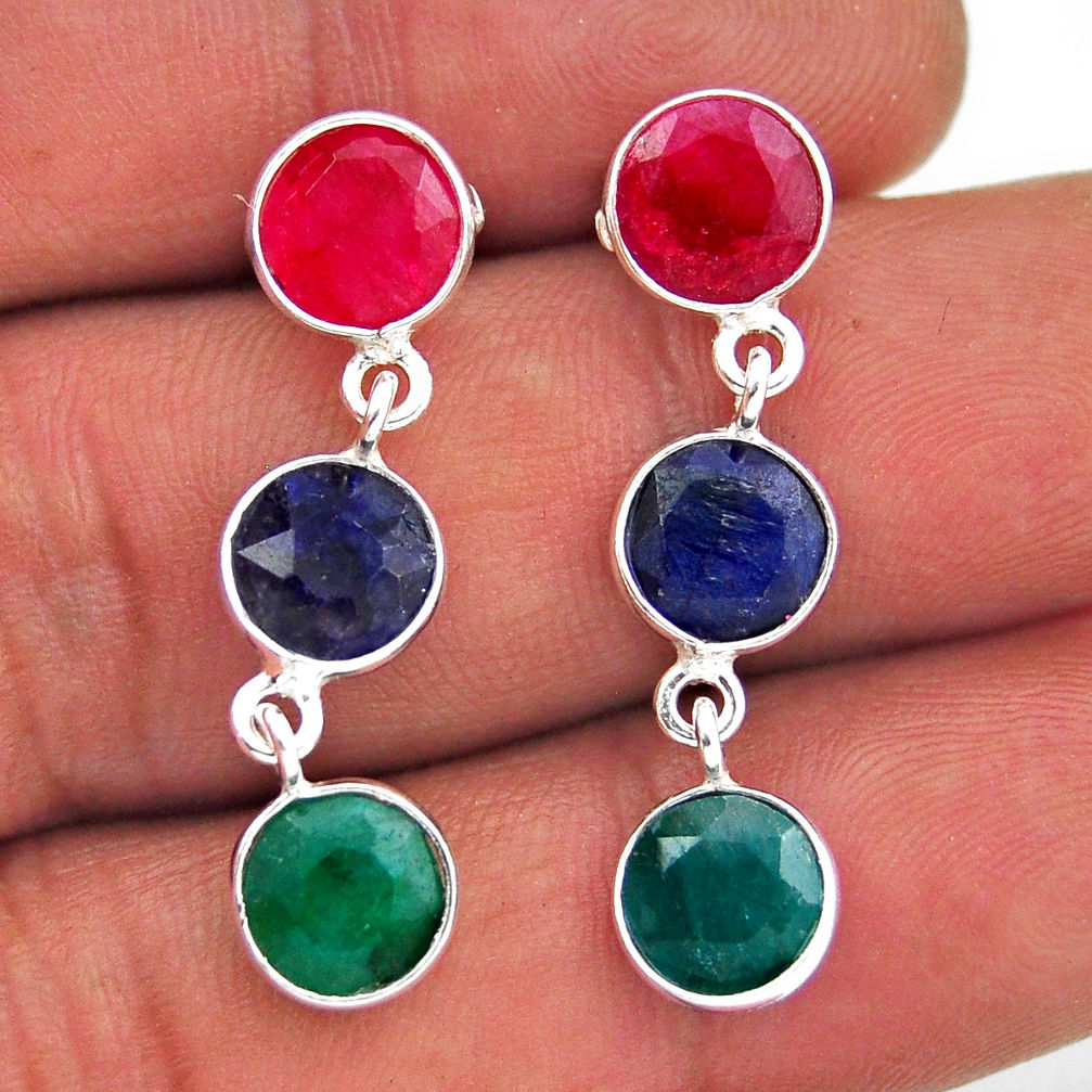 925 sterling silver 10.14cts natural red ruby sapphire emerald earrings n38886