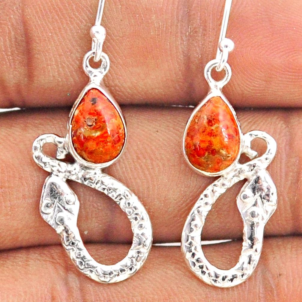 925 sterling silver 4.43cts natural red sponge coral snake earrings t80931