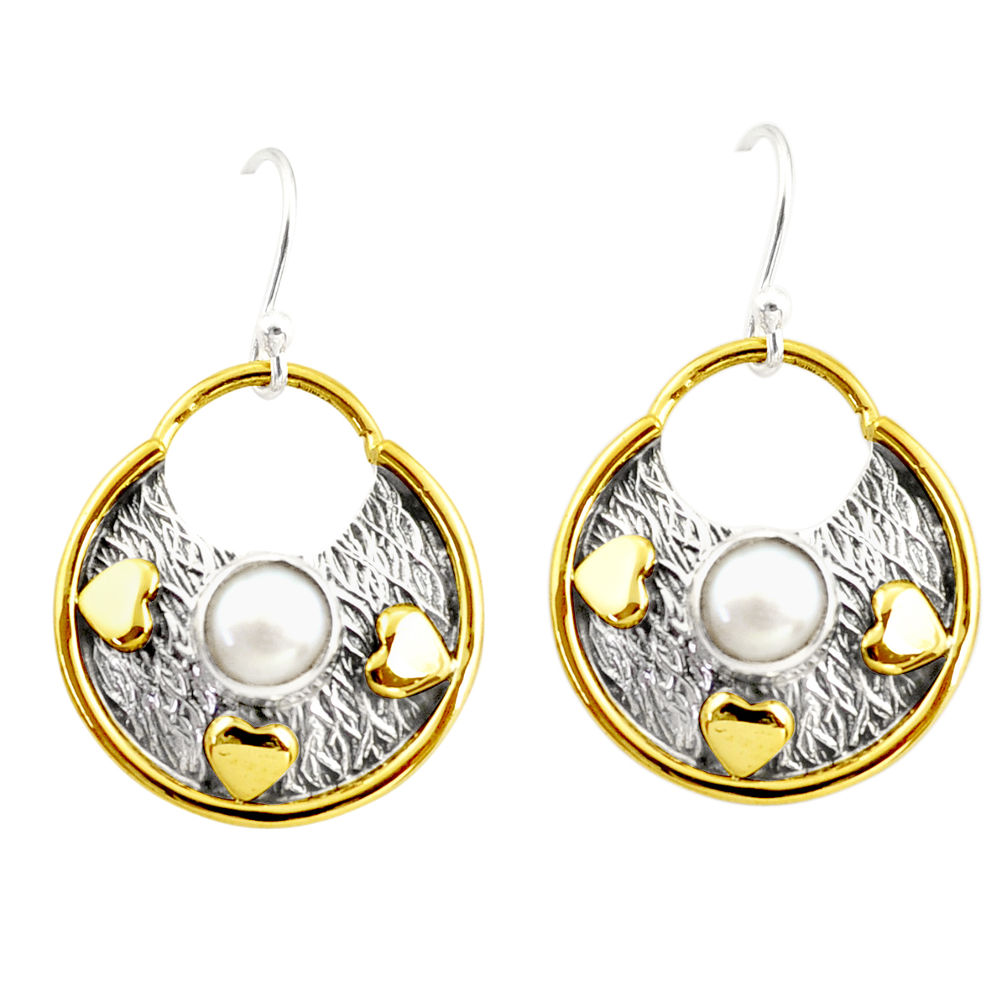 925 sterling silver 2.36cts natural white pearl 14k gold dangle earrings r37212