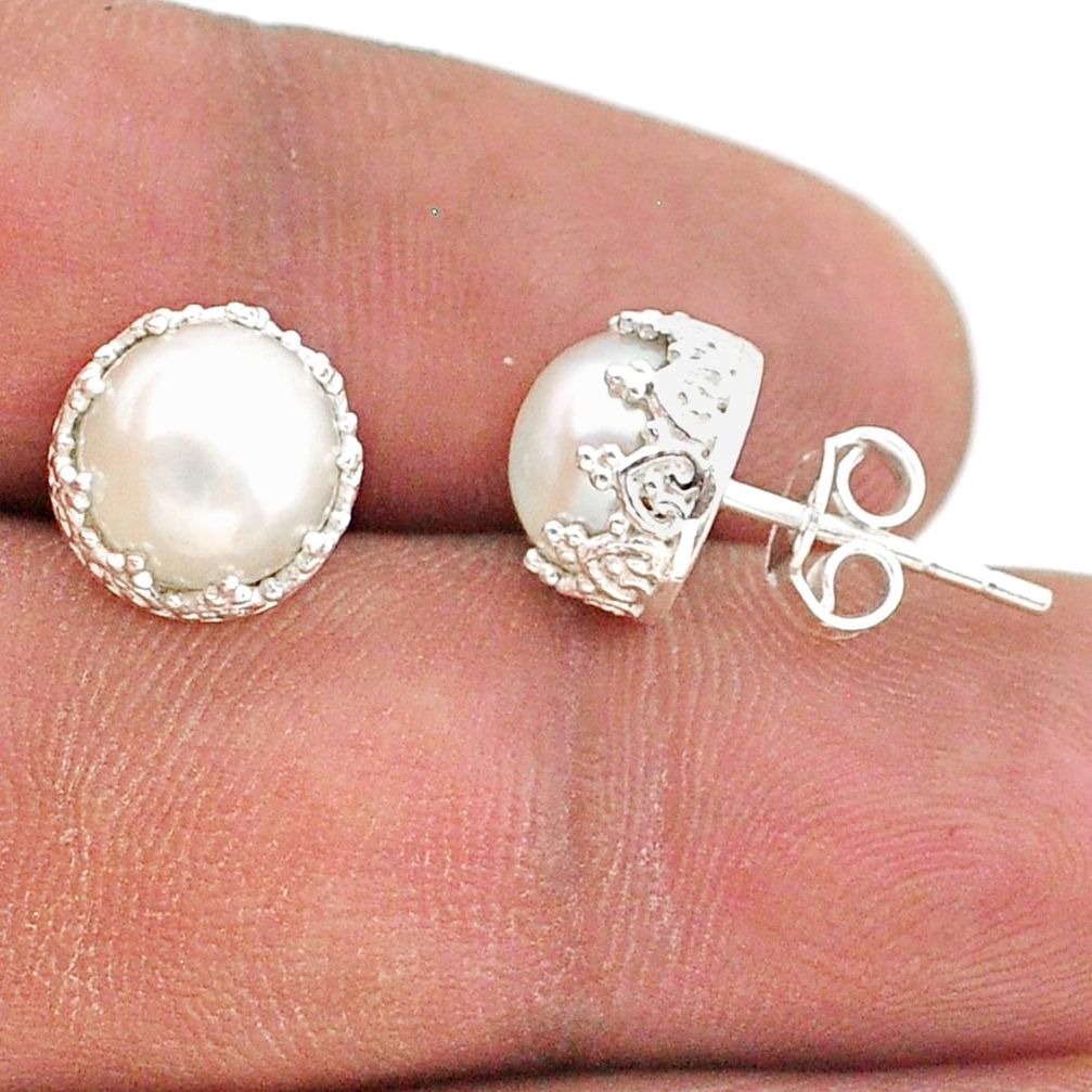 925 sterling silver 6.27cts natural white pearl crown stud earrings t43675