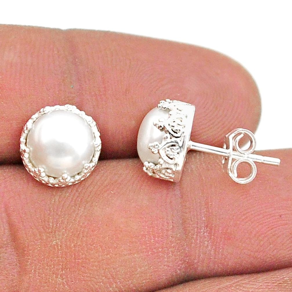 925 sterling silver 6.74cts natural white pearl crown stud earrings t43692