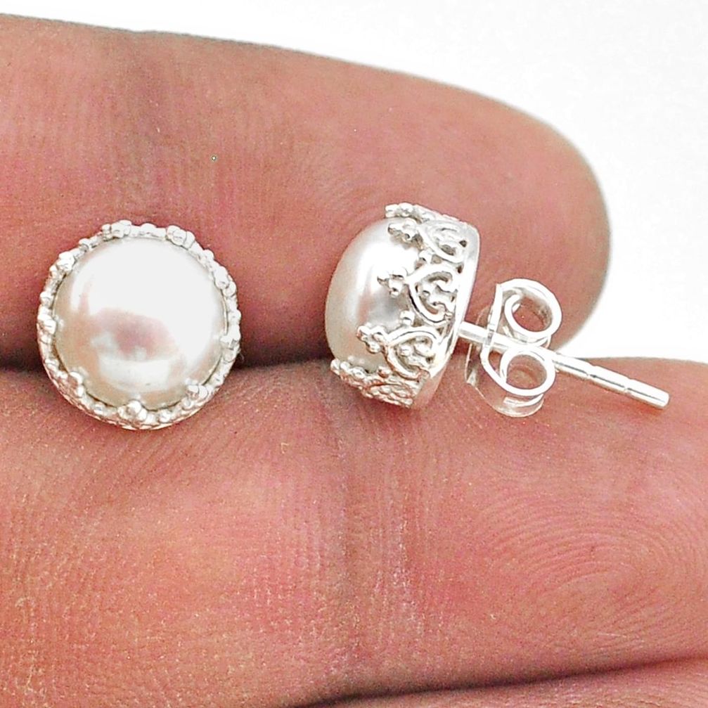 925 sterling silver 6.70cts natural white pearl crown stud earrings t43712