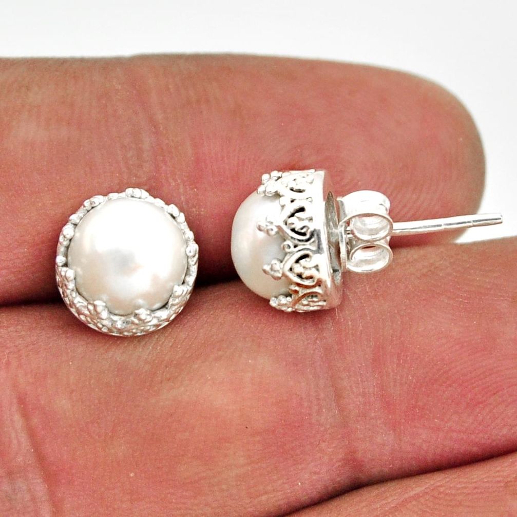 925 sterling silver 6.19cts natural white pearl stud earrings jewelry r38612