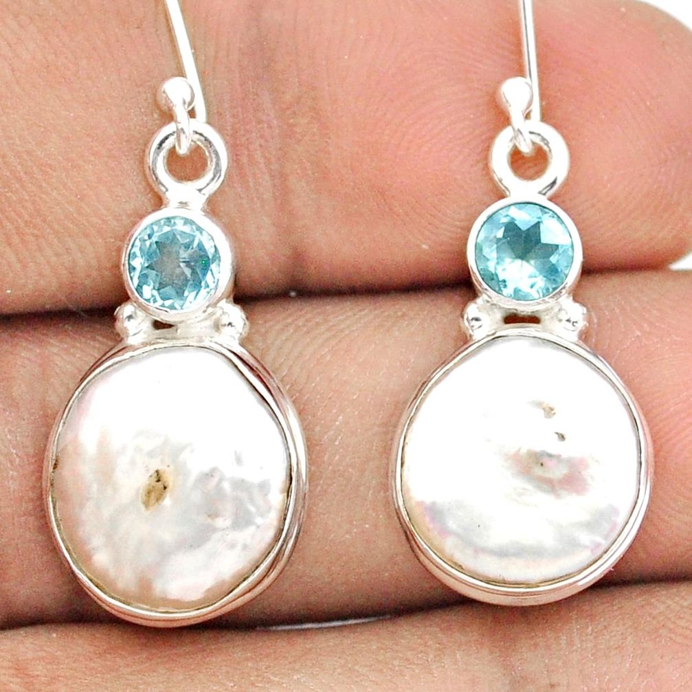 925 sterling silver 13.77cts sea life natural white pearl topaz dangle earrings u14130