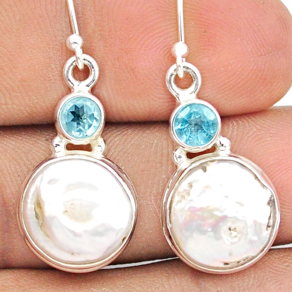 925 sterling silver 13.84cts sea life natural white pearl topaz dangle earrings u14134