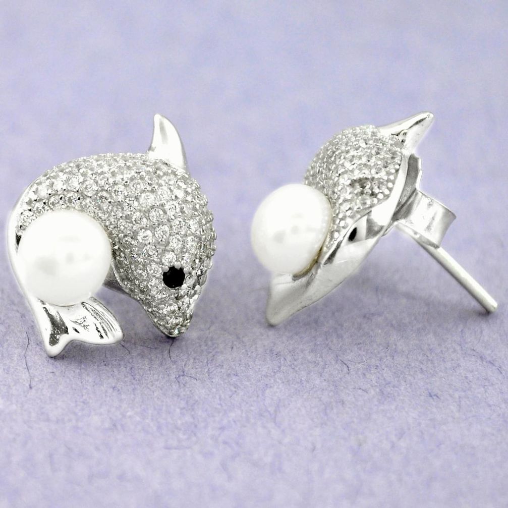 925 sterling silver 8.05cts natural white pearl topaz fish earrings c25618