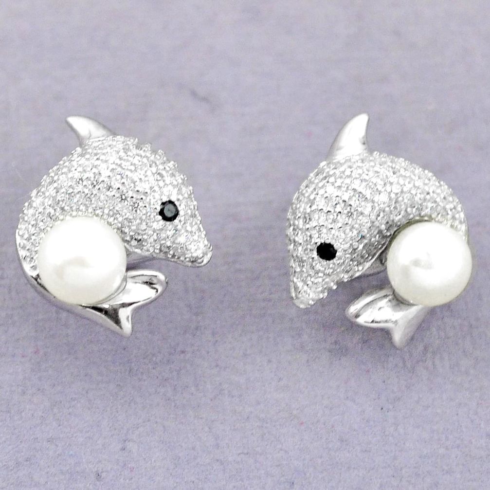925 sterling silver natural white pearl topaz fish earrings jewelry c25524