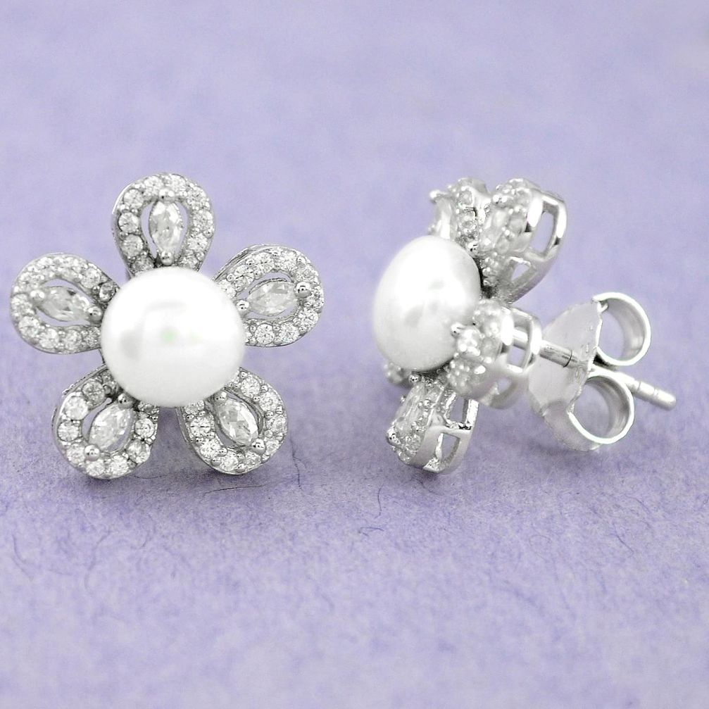 925 sterling silver 8.73cts natural white pearl topaz flower earrings c25681