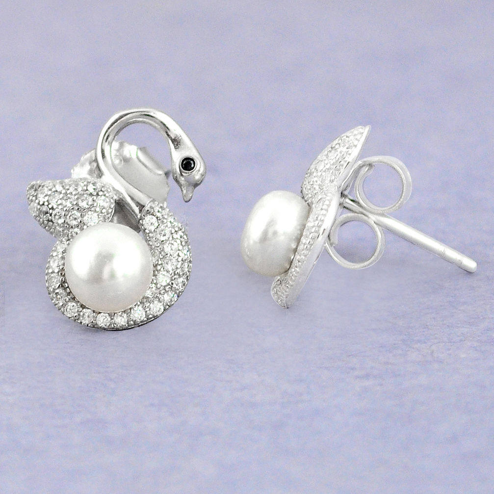 LAB 925 sterling silver natural white pearl topaz round stud earrings jewelry c25541