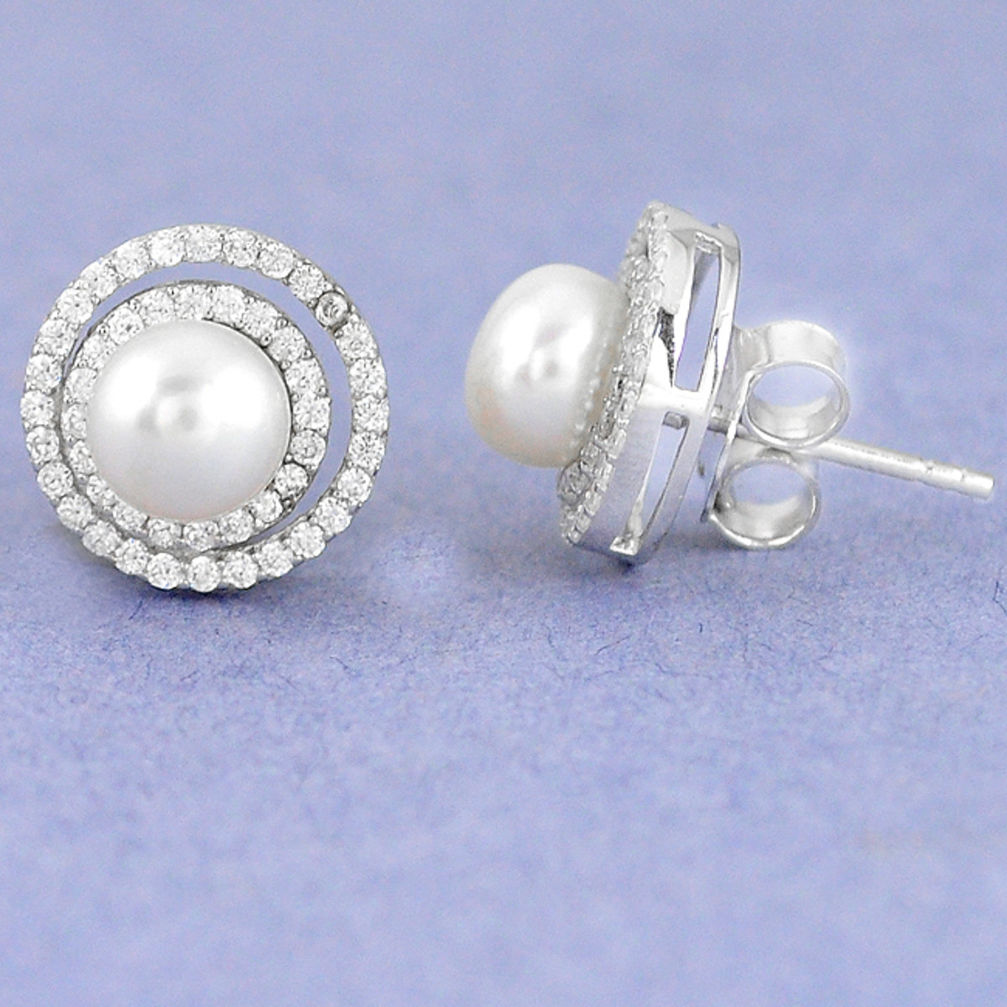 LAB 925 sterling silver natural white pearl topaz stud earrings jewelry c25692