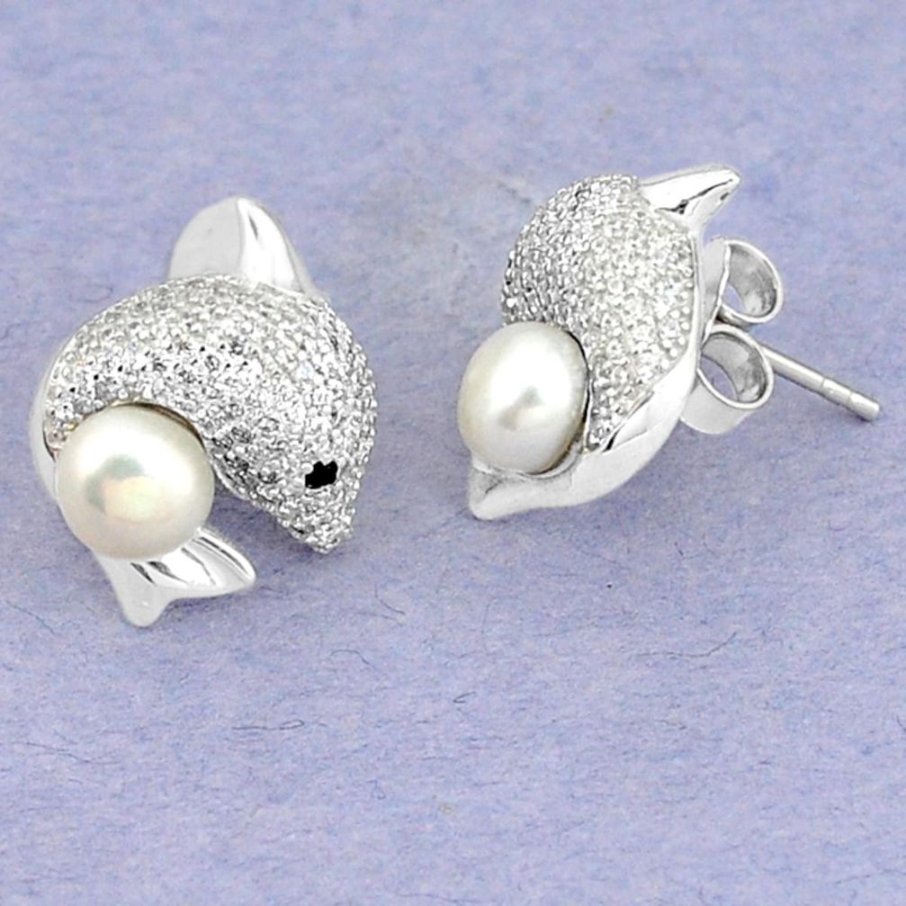 925 sterling silver natural white pearl topaz stud fish earrings jewelry c25539