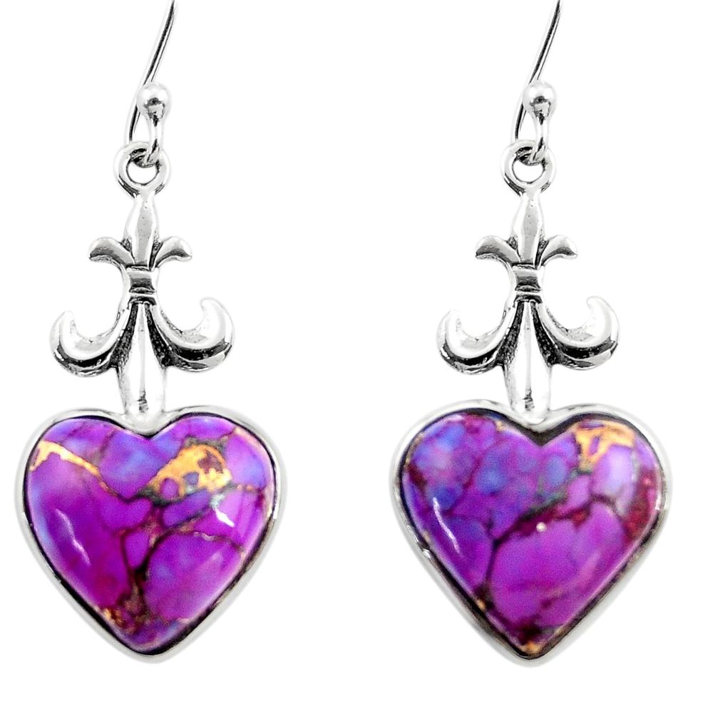 925 sterling silver 9.65cts purple copper turquoise heart dangle earrings r46831