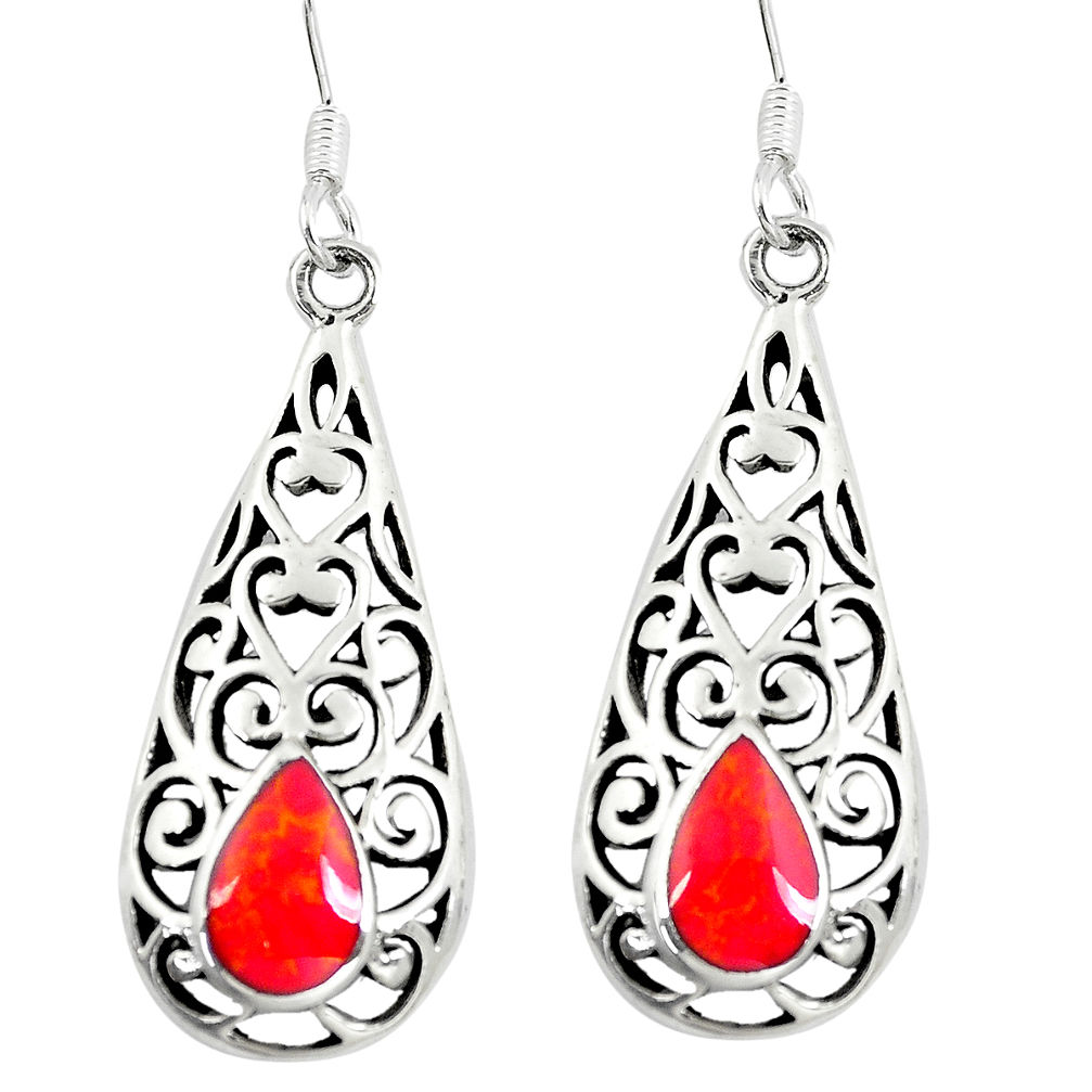 925 sterling silver 4.02gms red coral enamel dangle earrings jewelry c11833