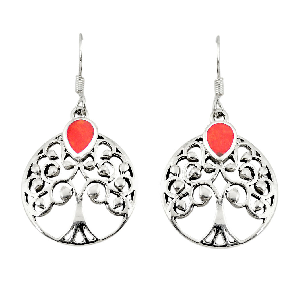 LAB 925 sterling silver red coral enamel tree of life earrings jewelry c11579