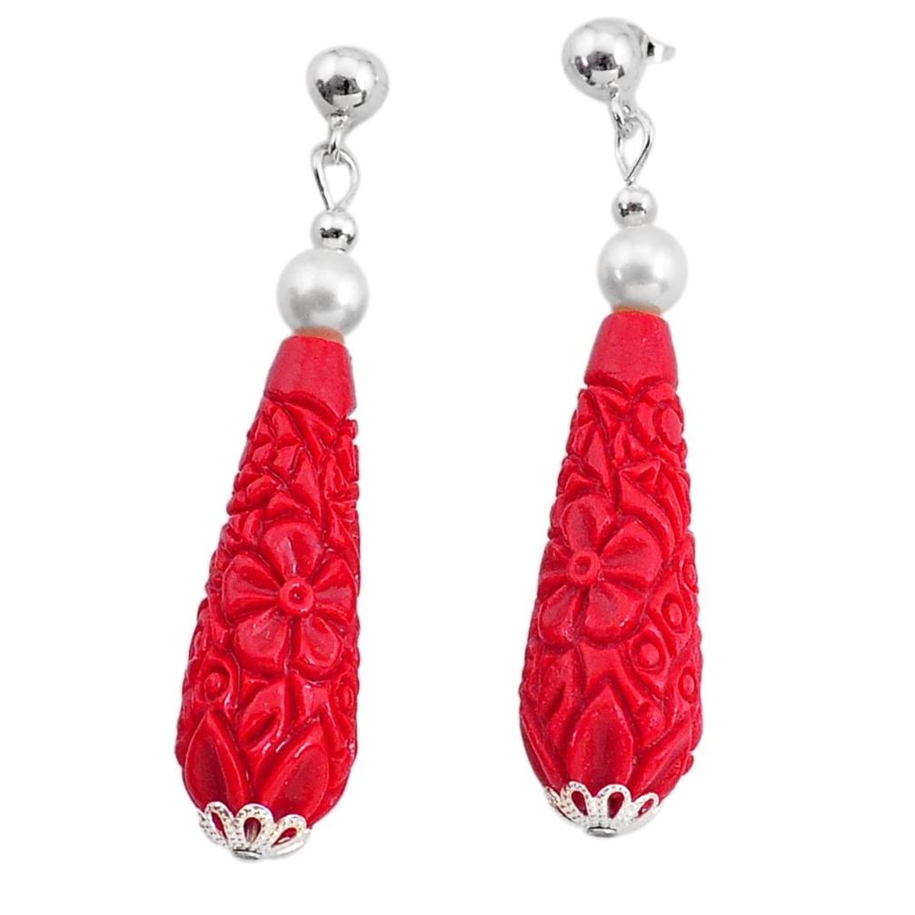 925 sterling silver 27.61cts red coral pearl dangle earrings jewelry c27360