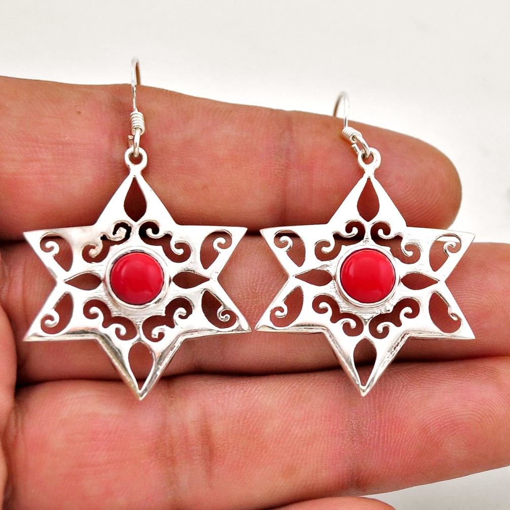 925 sterling silver 5.02cts red coral round shape dangle earrings jewelry n51134