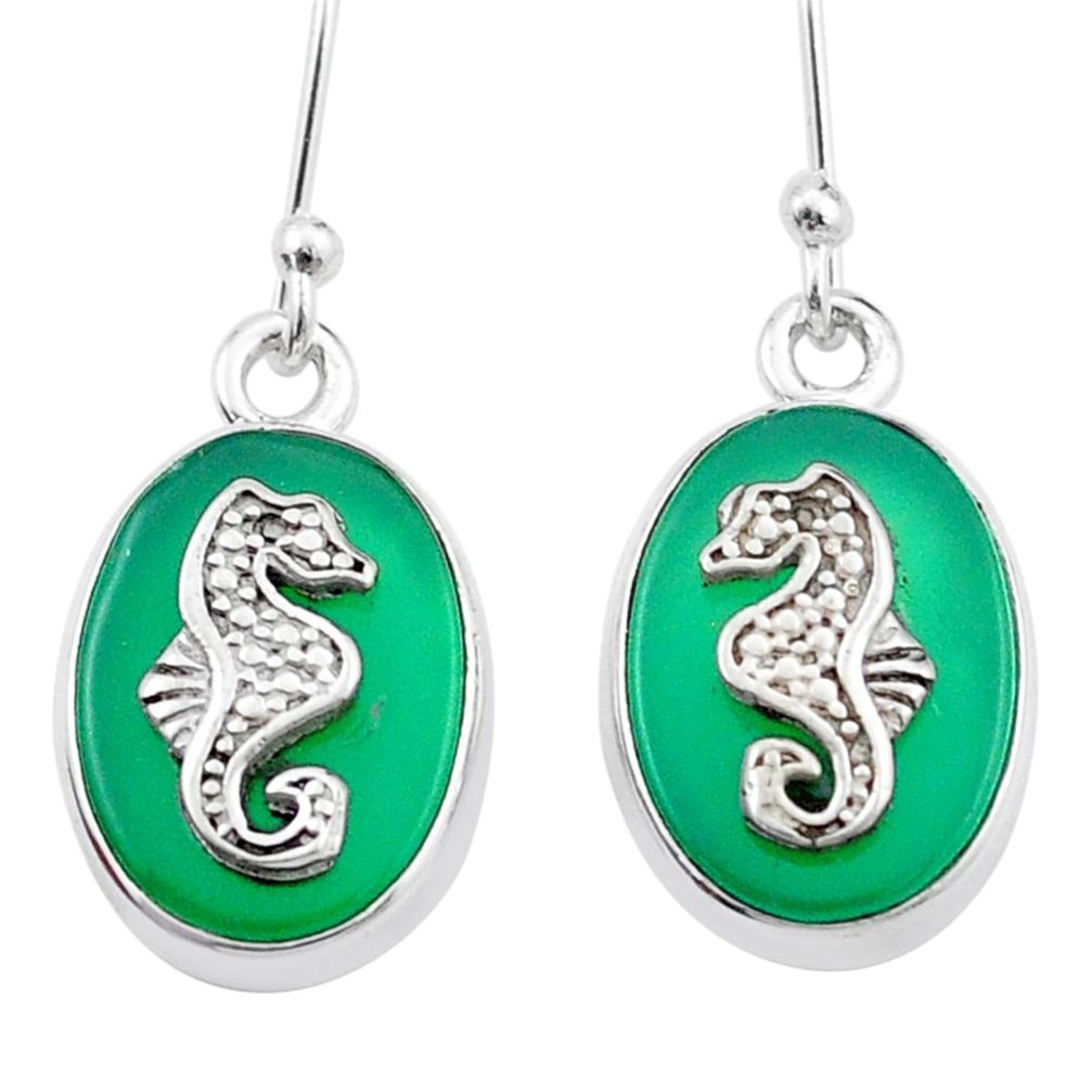 925 sterling silver 11.71cts seahorse natural green chalcedony coin enamel earrings u34712