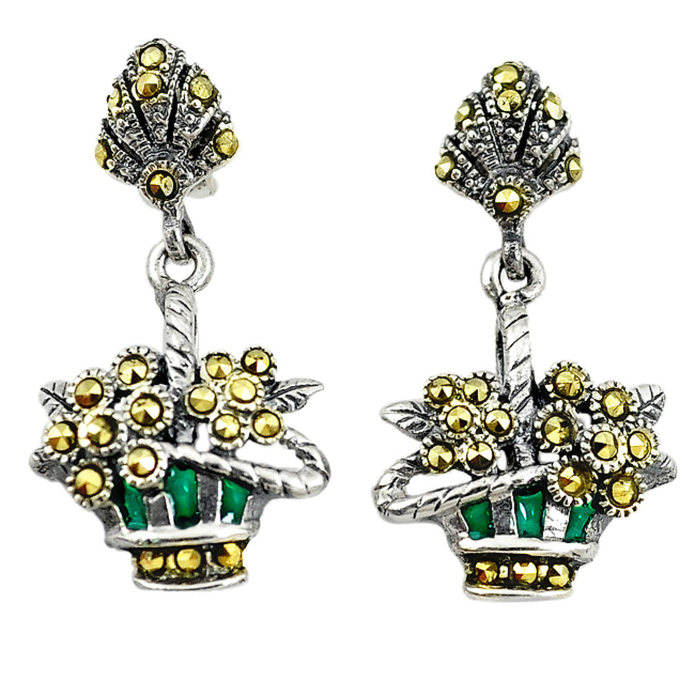 925 sterling silver swiss marcasite enamel flower basket earrings jewelry c22408