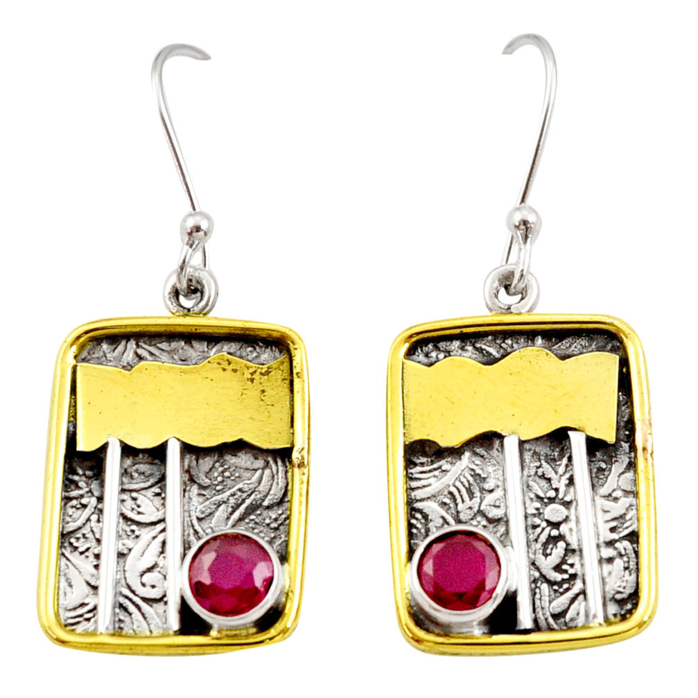 925 silver 1.71cts victorian natural red ruby two tone dangle earrings d34604