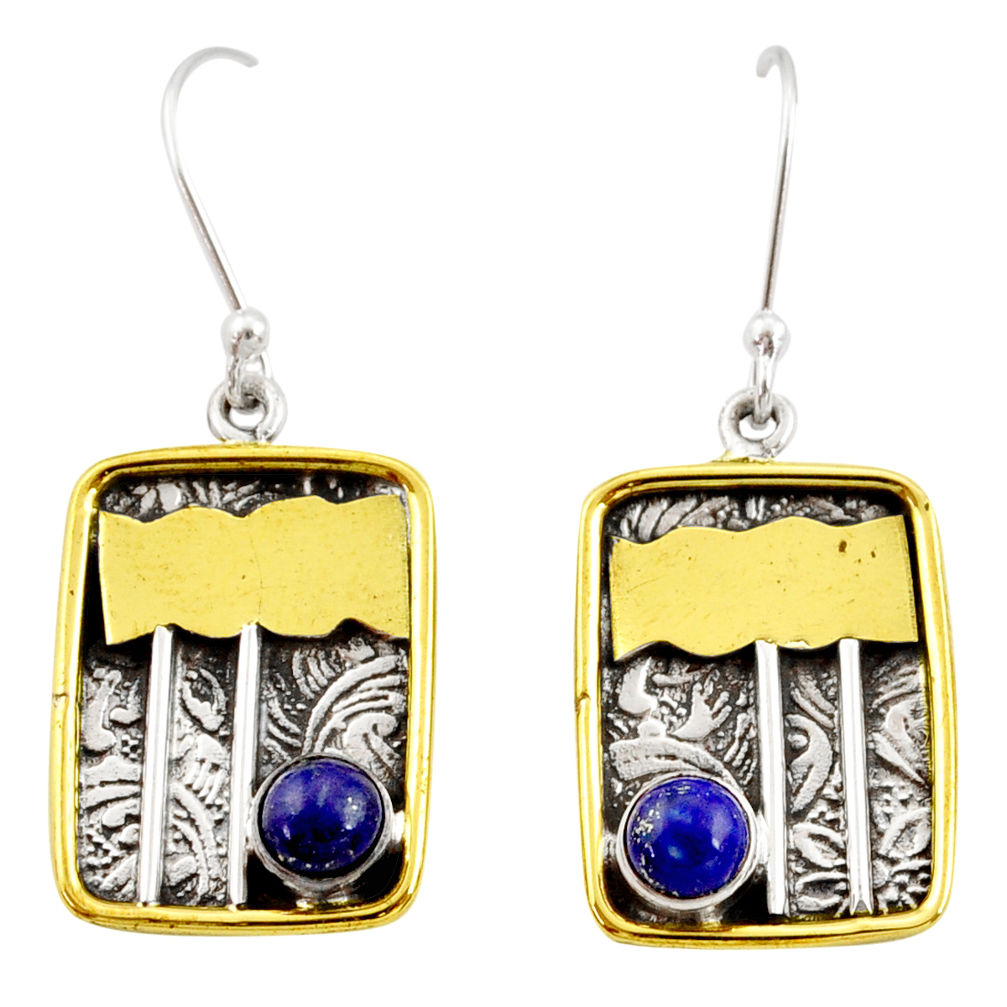 1.81cts victorian natural blue lapis lazuli 925 silver two tone earrings d34610