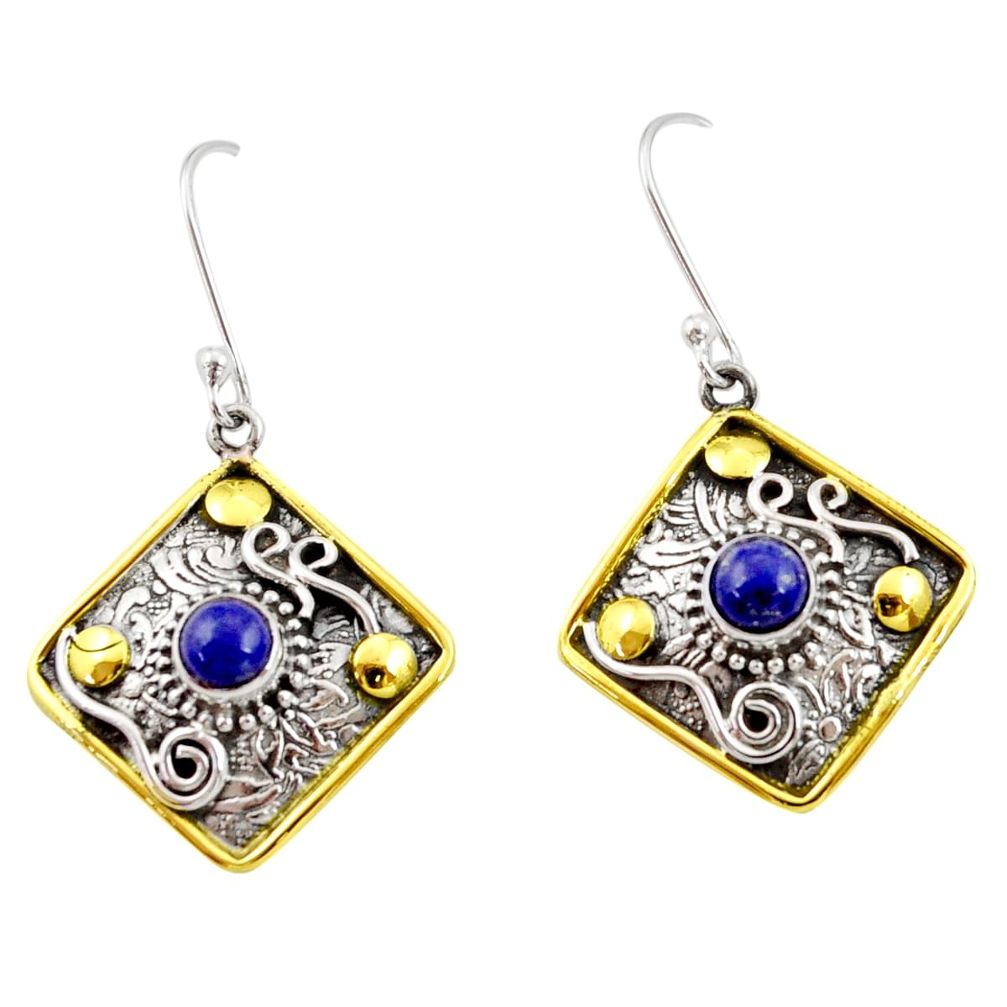 1.88cts victorian natural blue lapis lazuli 925 silver two tone earrings d34622