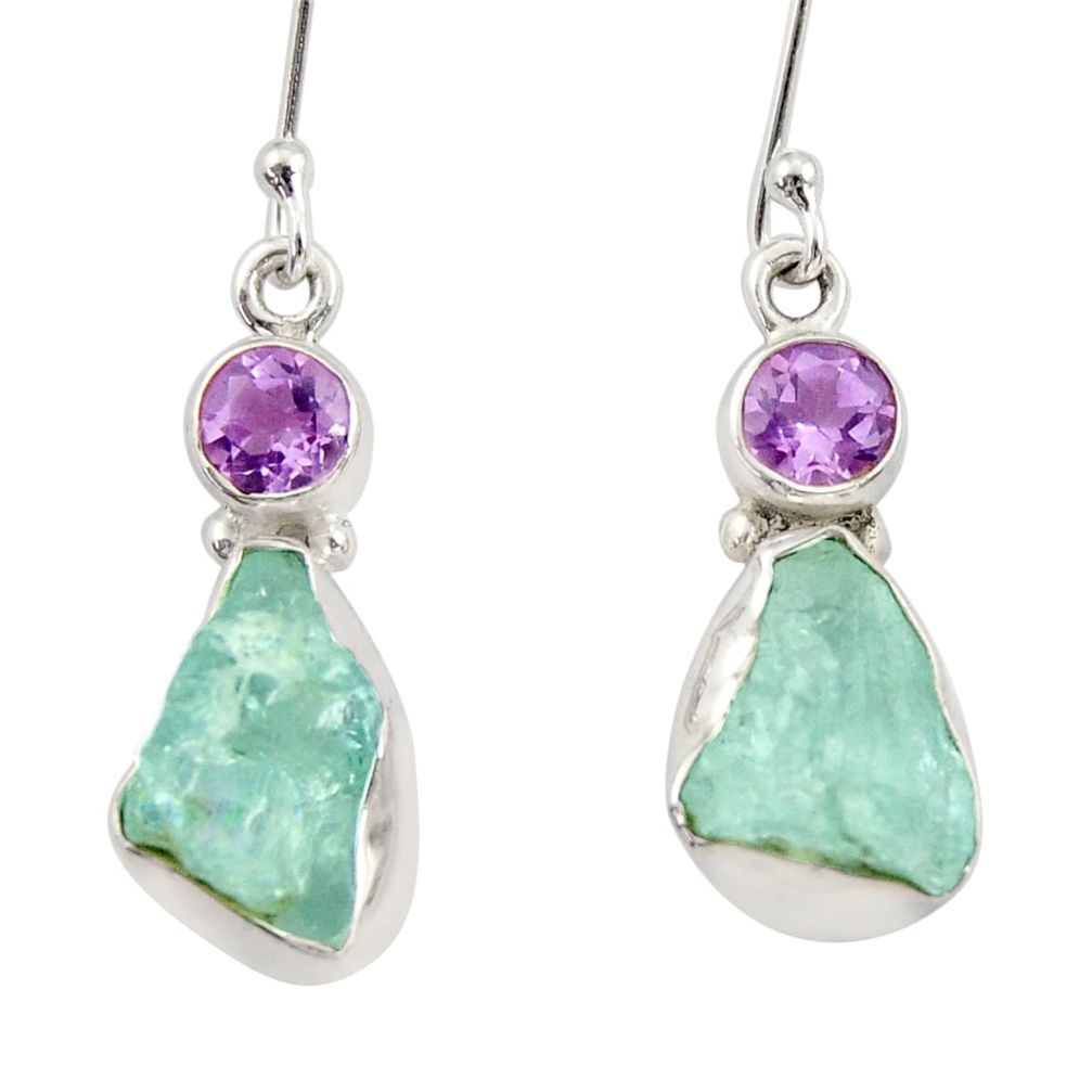 10.02cts natural aqua aquamarine rough amethyst silver dangle earrings d34784