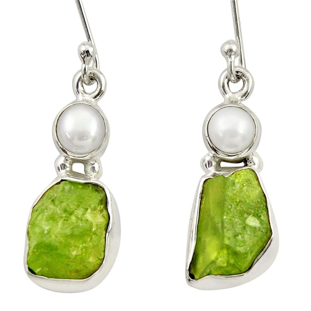 9.61cts natural green peridot rough pearl 925 silver dangle earrings d34793