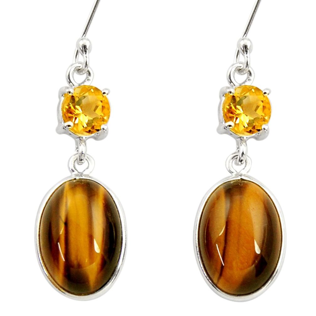 13.69cts natural brown tiger's eye citrine 925 silver dangle earrings d34816