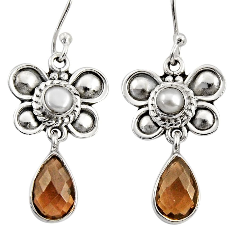 5.38cts brown smoky topaz pearl 925 sterling silver butterfly earrings d35059