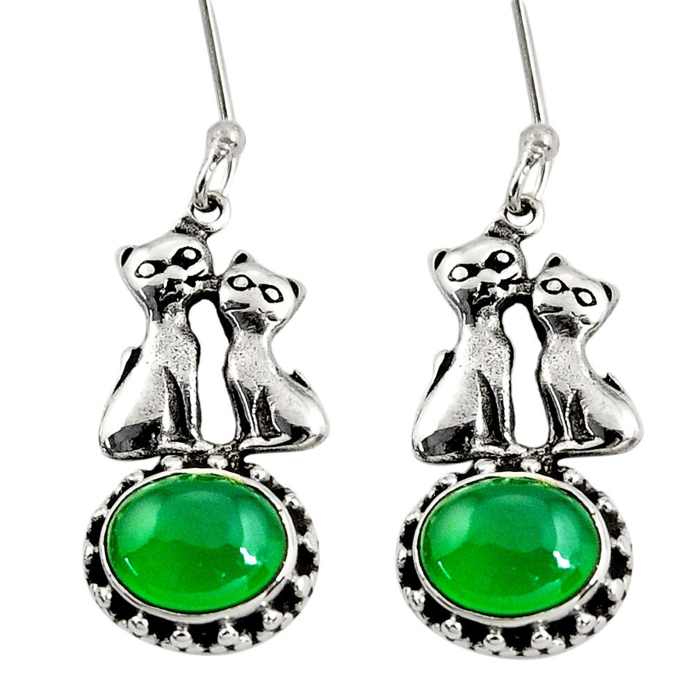 5.38cts natural green chalcedony 925 sterling silver two cats earrings d38133