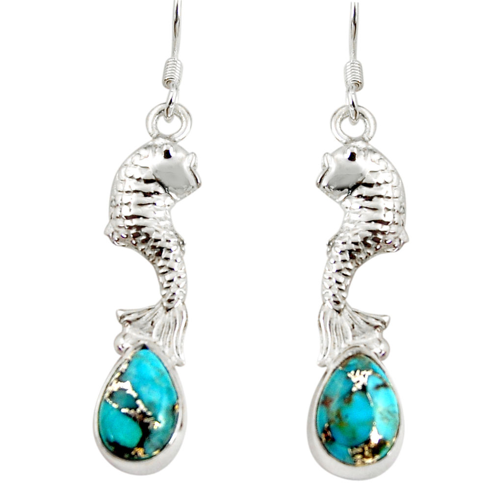 ver 5.52cts blue copper turquoise fish earrings jewelry d38268